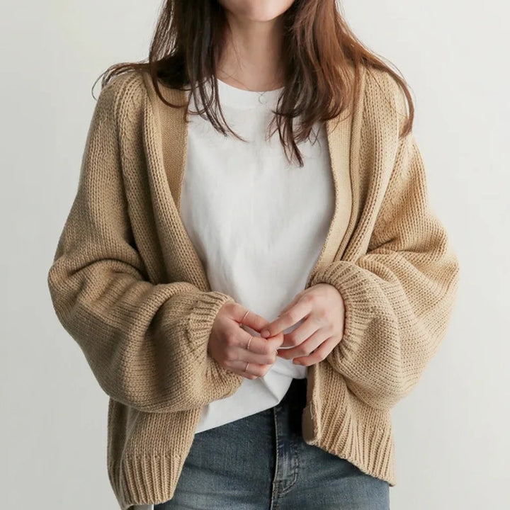 Women's Drop-Shoulder Knit Cardigan with Ribbed Cuffs