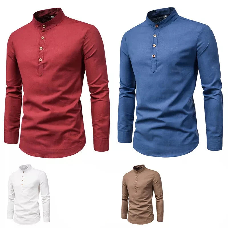 Men's Elegant Linen Shirt with Stand-Up Collar for Stylish Comfort