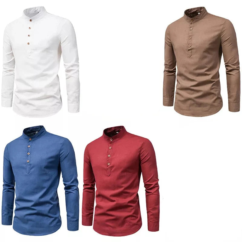 Men's Elegant Linen Shirt with Stand-Up Collar for Stylish Comfort