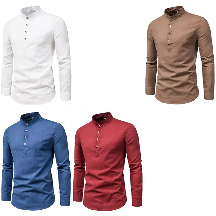 Men's Elegant Linen Shirt with Stand-Up Collar for Stylish Comfort