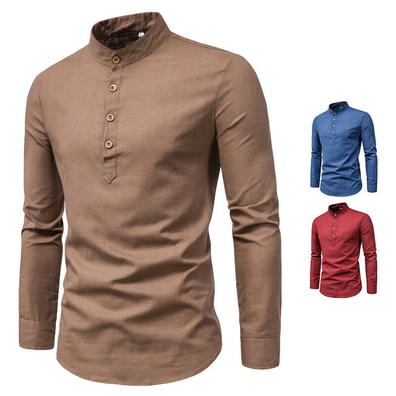 Men's Elegant Linen Shirt with Stand-Up Collar for Stylish Comfort