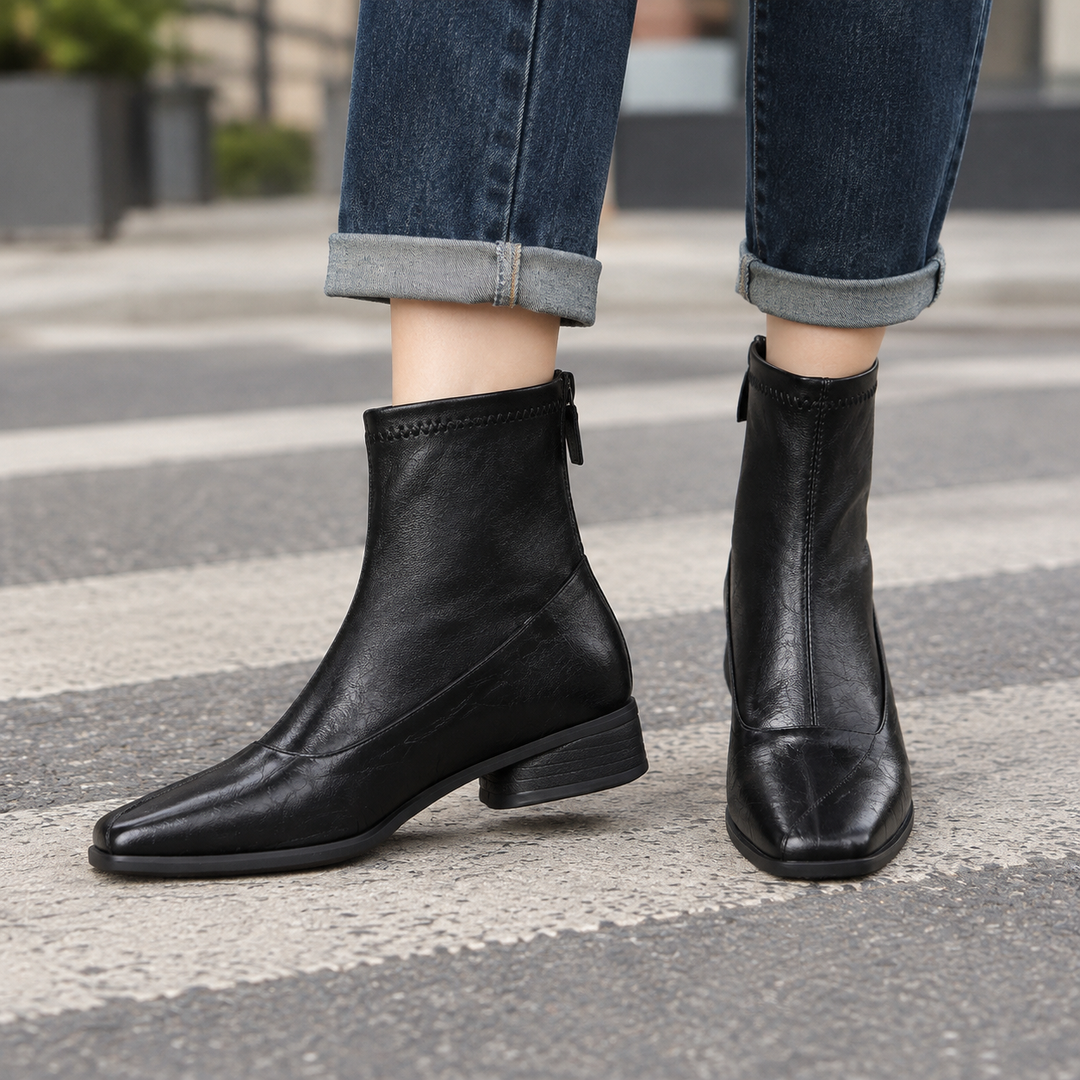 Women's Square Toe Ankle Boots with Back Zipper