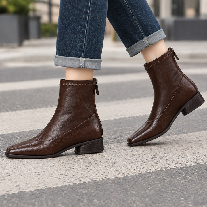Women's Square Toe Ankle Boots with Back Zipper