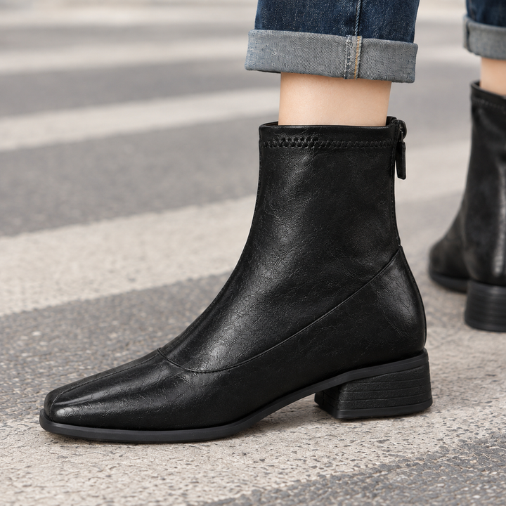 Women's Square Toe Ankle Boots with Back Zipper