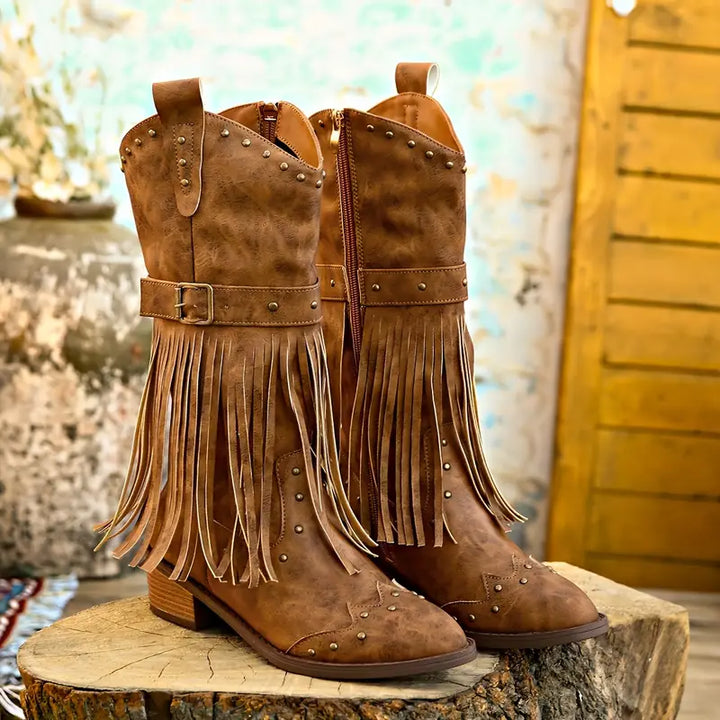 Women's Fringe Studded Ankle Boots with Side Zip Closure