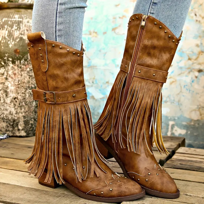 Women's Fringe Studded Ankle Boots with Side Zip Closure