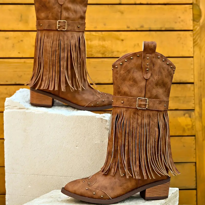 Women's Fringe Studded Ankle Boots with Side Zip Closure