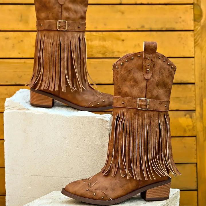 Women's Fringe Studded Ankle Boots with Side Zip Closure