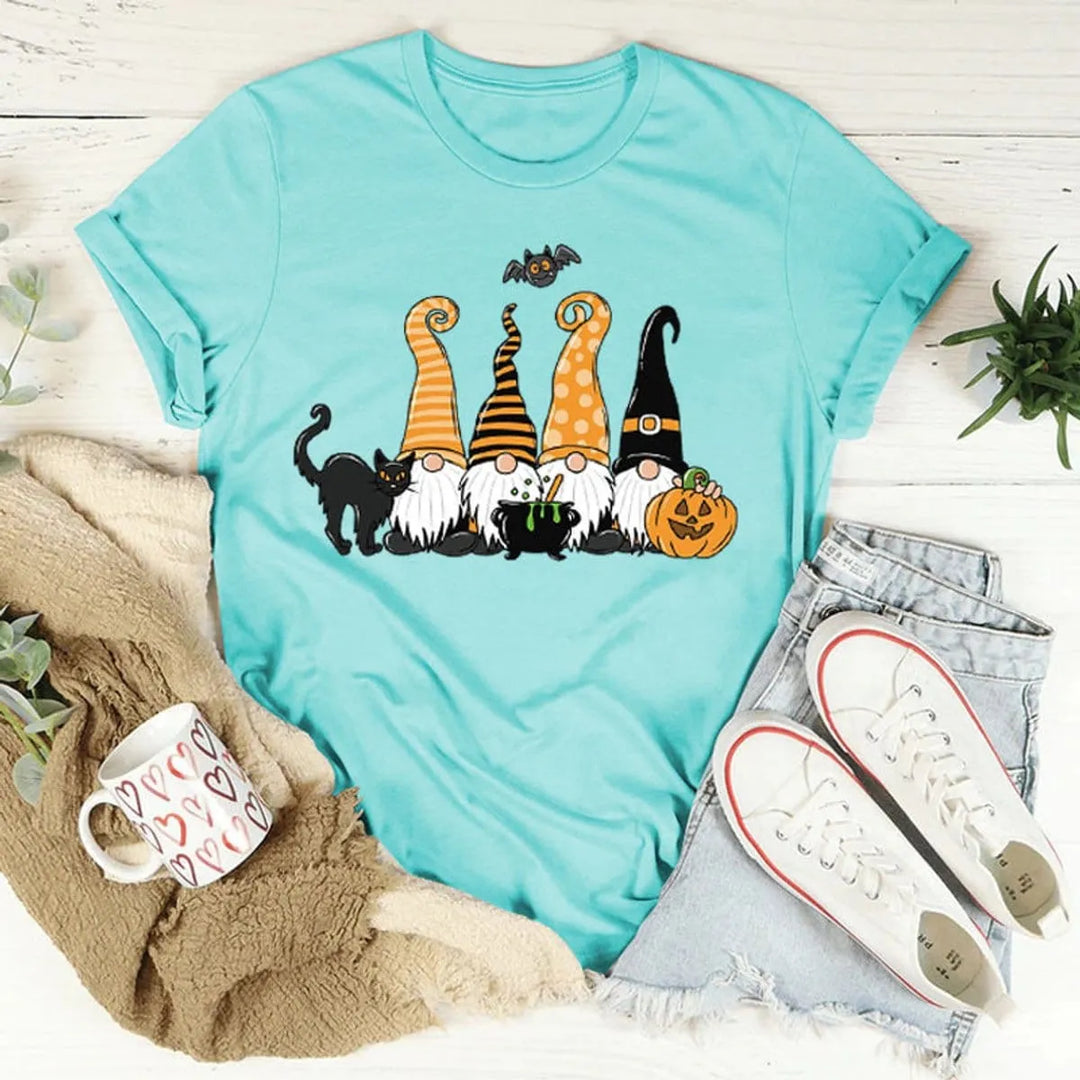 Women's Playful Halloween Graphic T-Shirt with Gnome Design