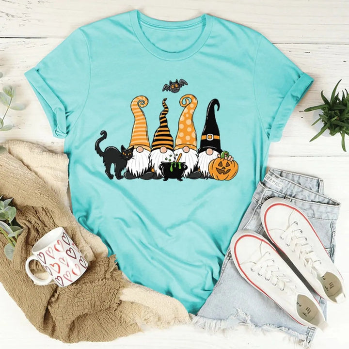 Women's Playful Halloween Graphic T-Shirt with Gnome Design