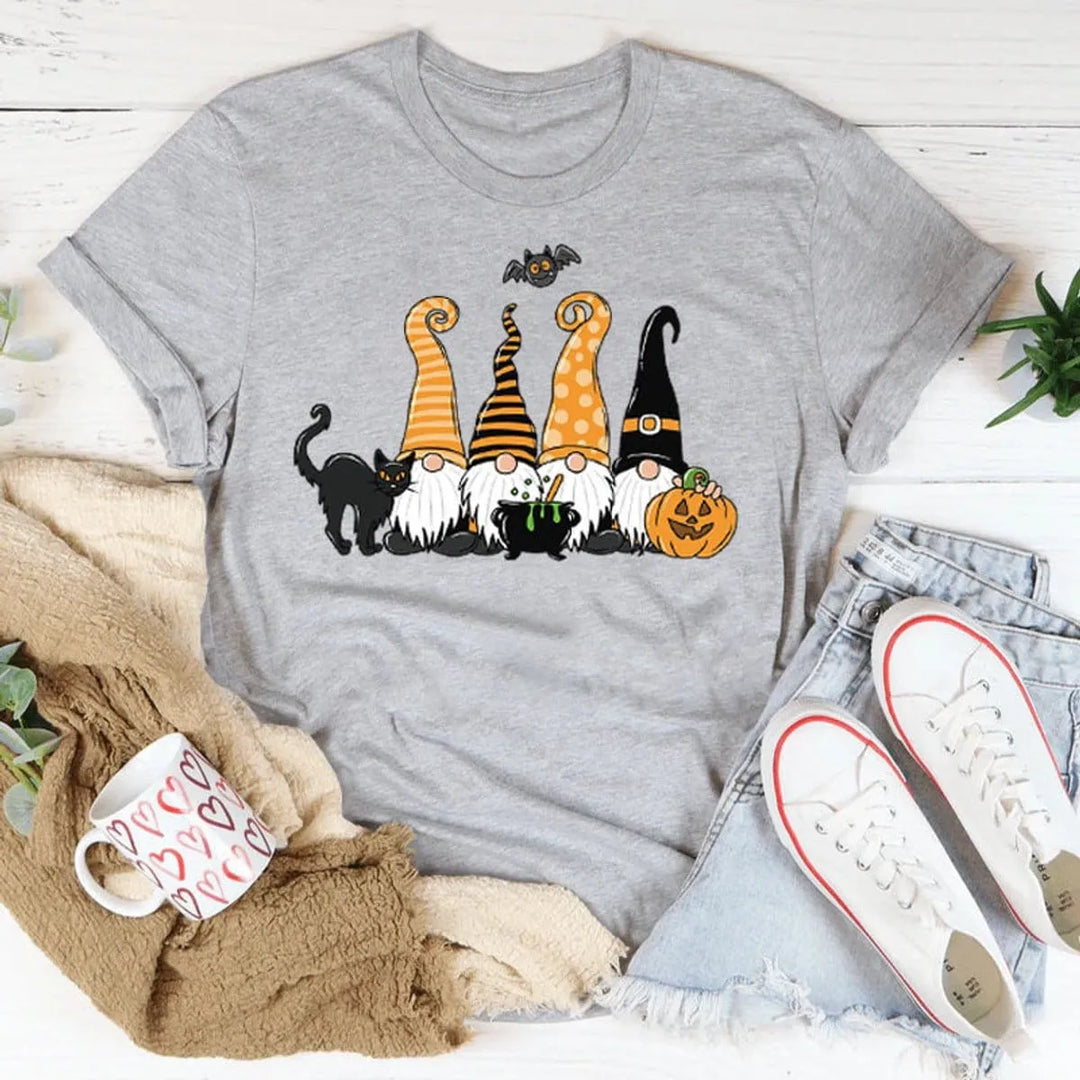 Women's Playful Halloween Graphic T-Shirt with Gnome Design
