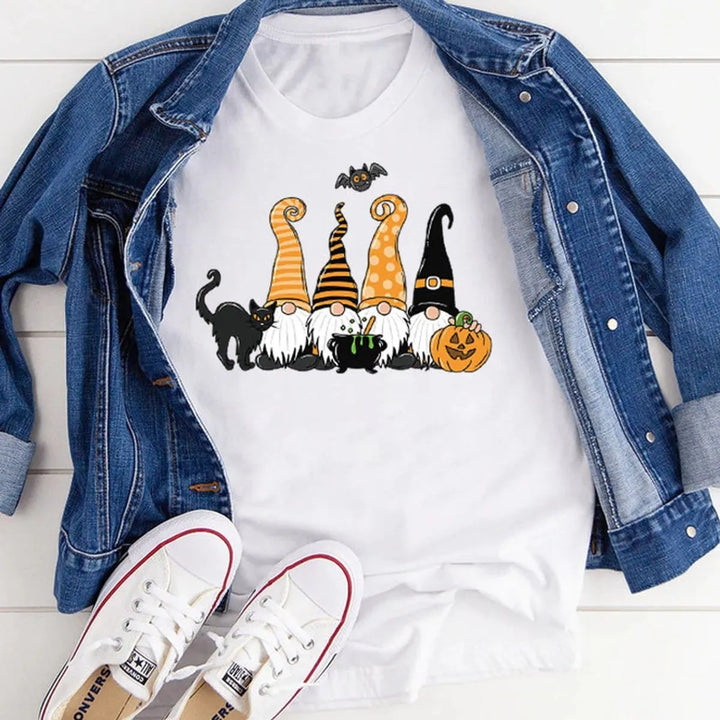 Women's Playful Halloween Graphic T-Shirt with Gnome Design