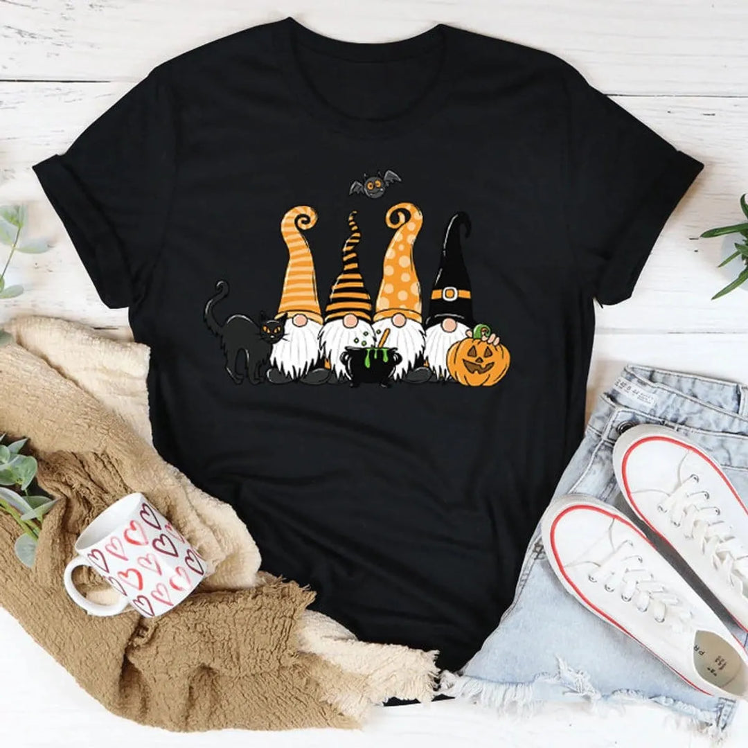 Women's Playful Halloween Graphic T-Shirt with Gnome Design