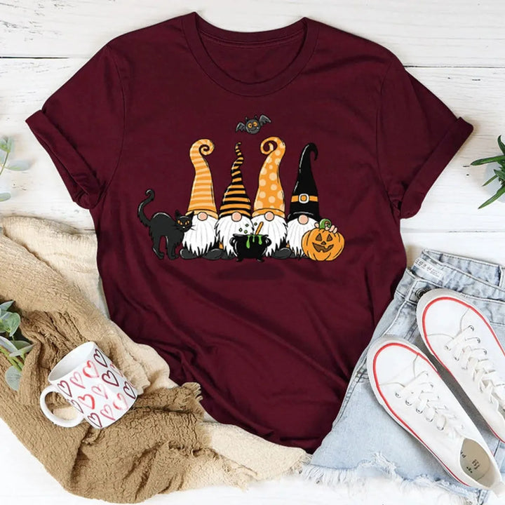 Women's Playful Halloween Graphic T-Shirt with Gnome Design