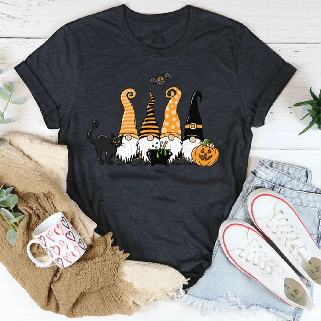 Women's Playful Halloween Graphic T-Shirt with Gnome Design