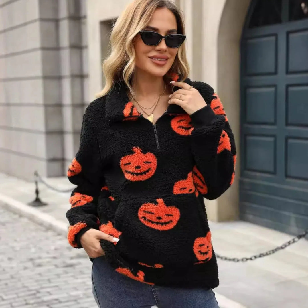 Women's Halloween Pumpkin Half-Zip Pullover Sweater