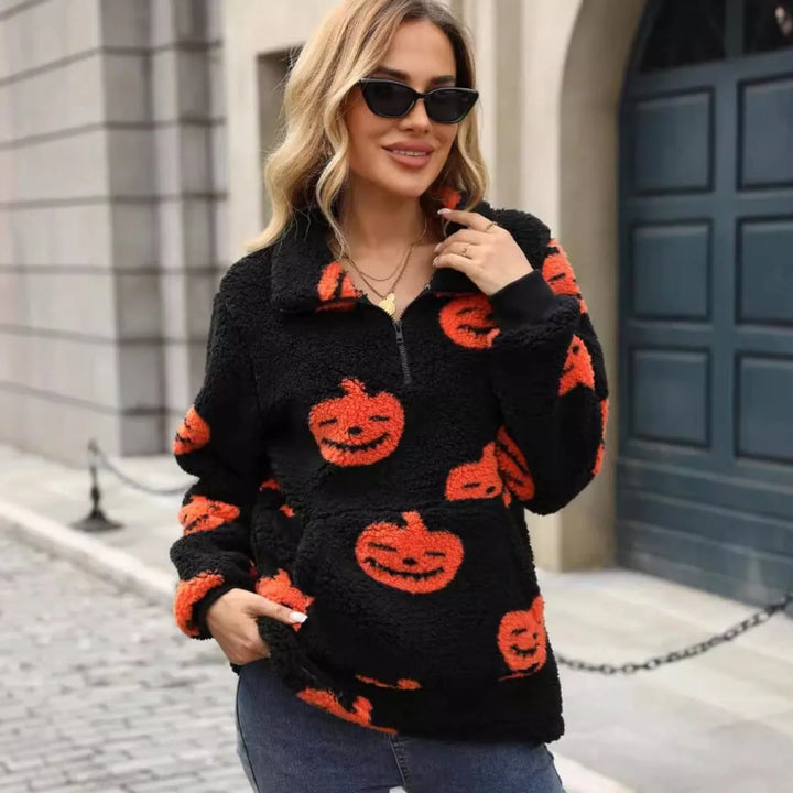 Women's Halloween Pumpkin Half-Zip Pullover Sweater