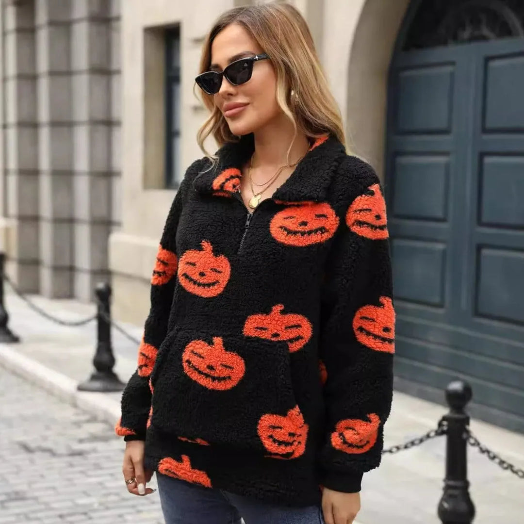 Women's Halloween Pumpkin Half-Zip Pullover Sweater