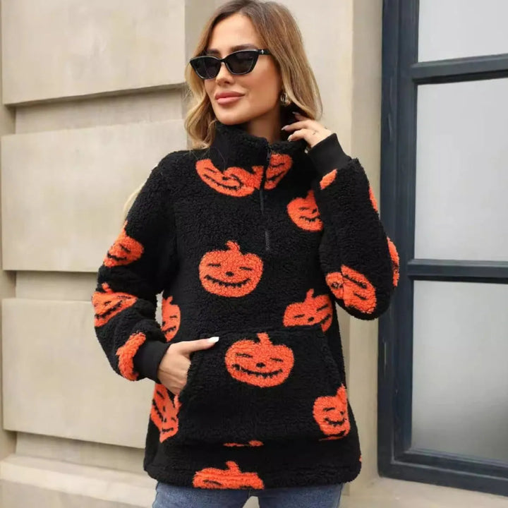 Women's Halloween Pumpkin Half-Zip Pullover Sweater