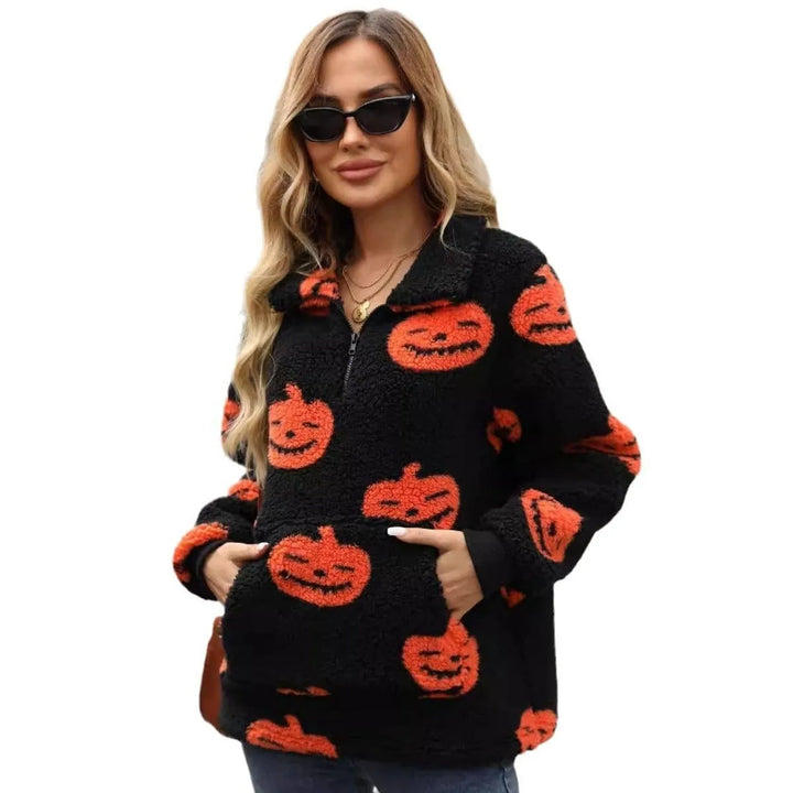 Women's Halloween Pumpkin Half-Zip Pullover Sweater