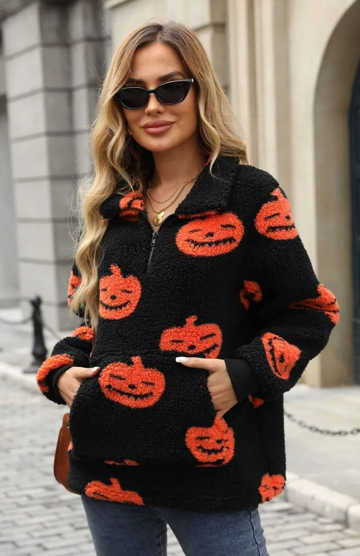 Women's Halloween Pumpkin Half-Zip Pullover Sweater