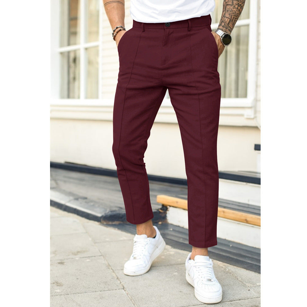 Men's Slim Fit Pants with Pockets and Button Closure