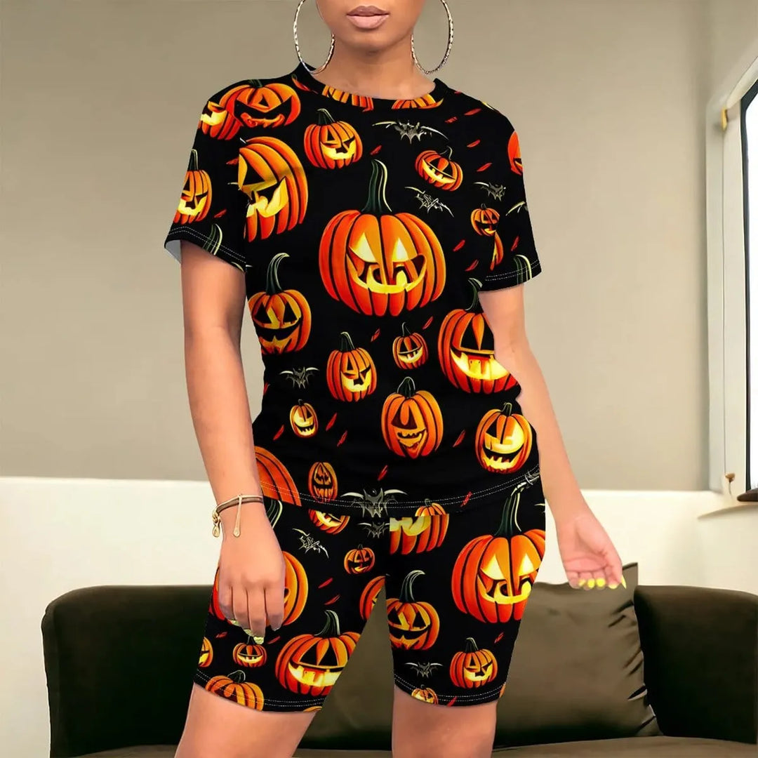 Women's Halloween Witch Print Top and Biker Shorts Set