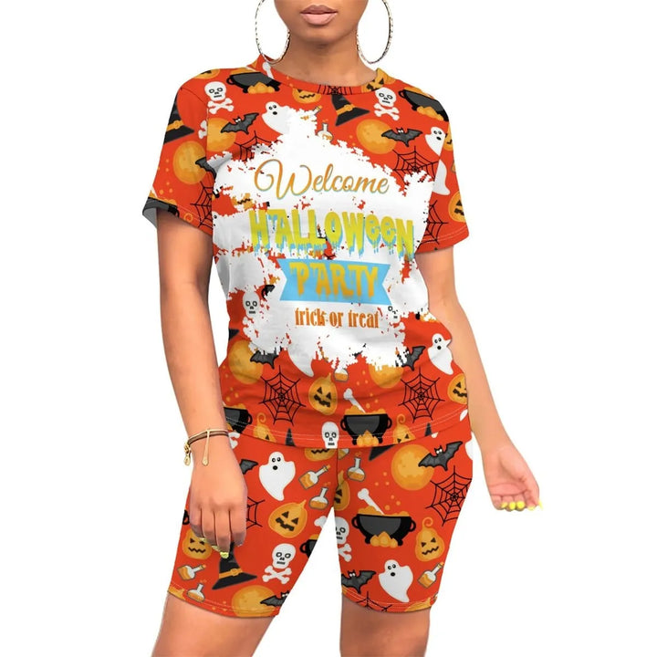 Women's Halloween Witch Print Top and Biker Shorts Set