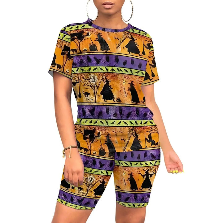 Women's Halloween Witch Print Top and Biker Shorts Set