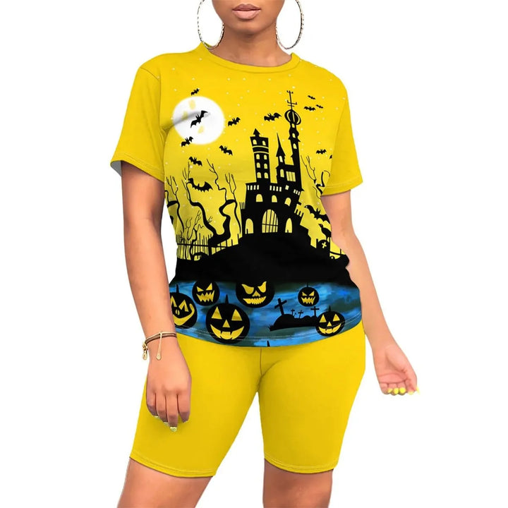 Women's Halloween Witch Print Top and Biker Shorts Set