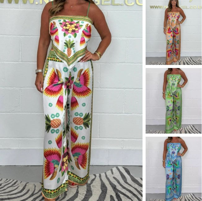 Women's Spaghetti Strap Printed Top and Loose Pants Set
