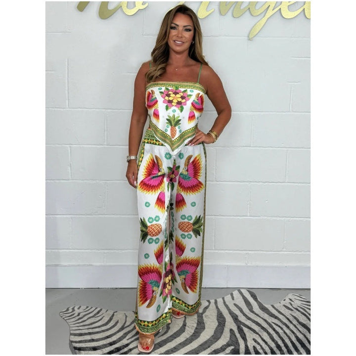 Women's Spaghetti Strap Printed Top and Loose Pants Set