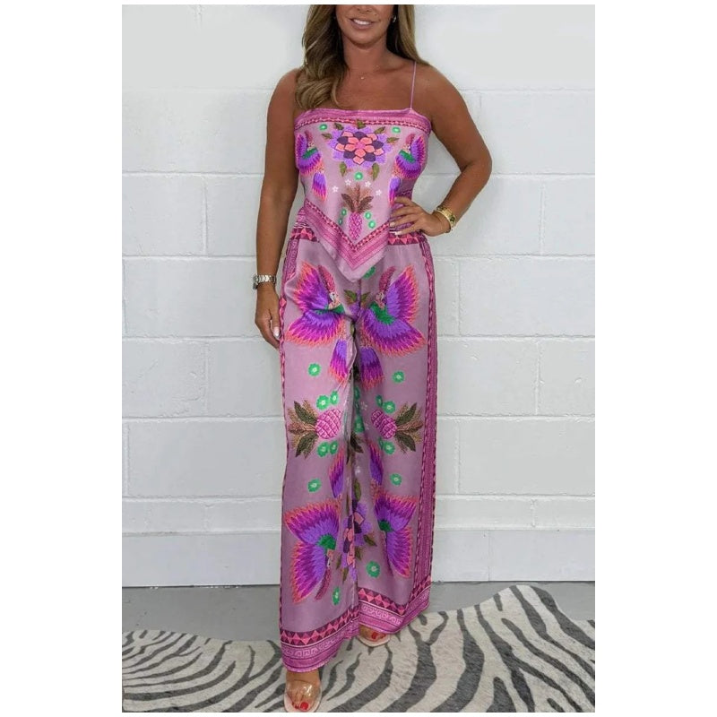 Women's Spaghetti Strap Printed Top and Loose Pants Set