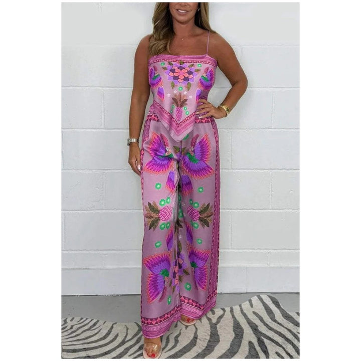 Women's Spaghetti Strap Printed Top and Loose Pants Set