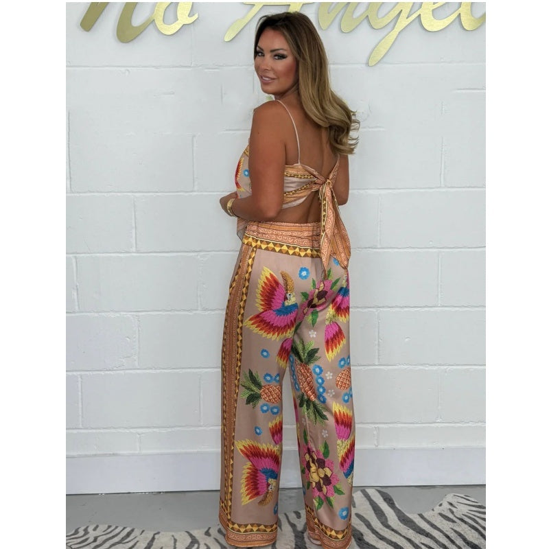 Women's Spaghetti Strap Printed Top and Loose Pants Set