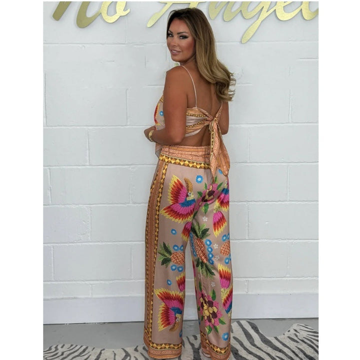 Women's Spaghetti Strap Printed Top and Loose Pants Set