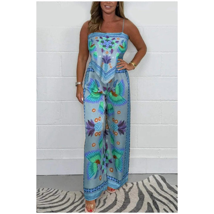 Women's Spaghetti Strap Printed Top and Loose Pants Set