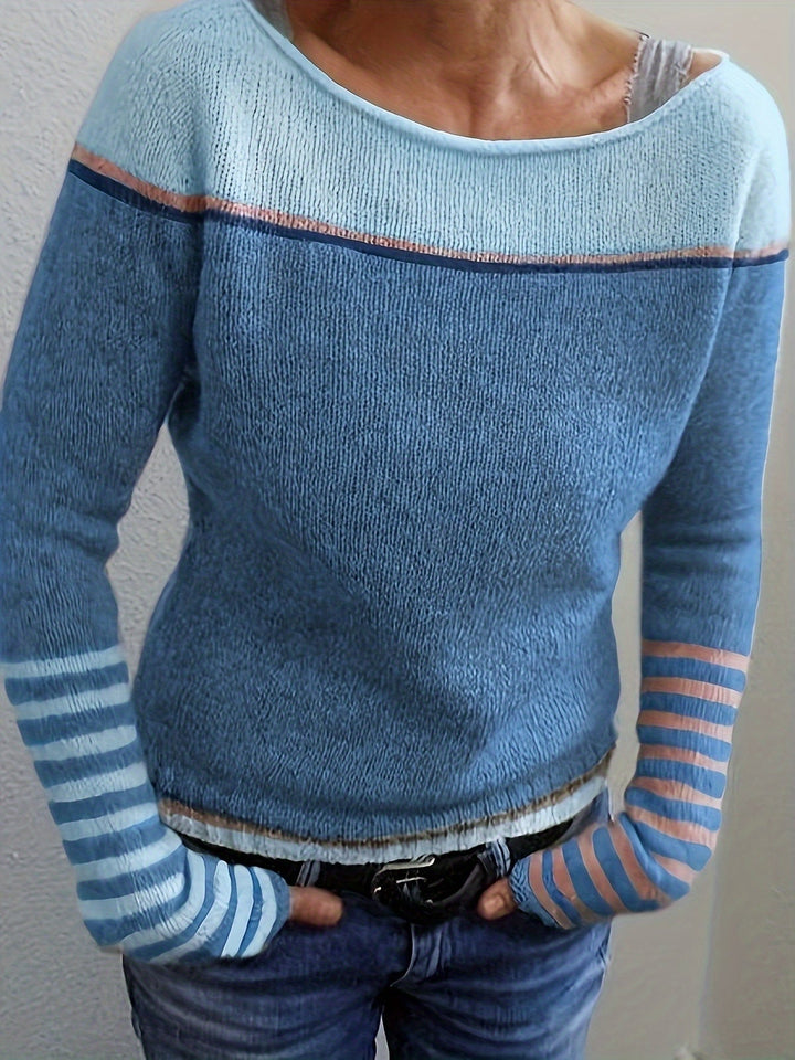 Women's Striped Boat Neck Knit Sweater for Festive Fashion