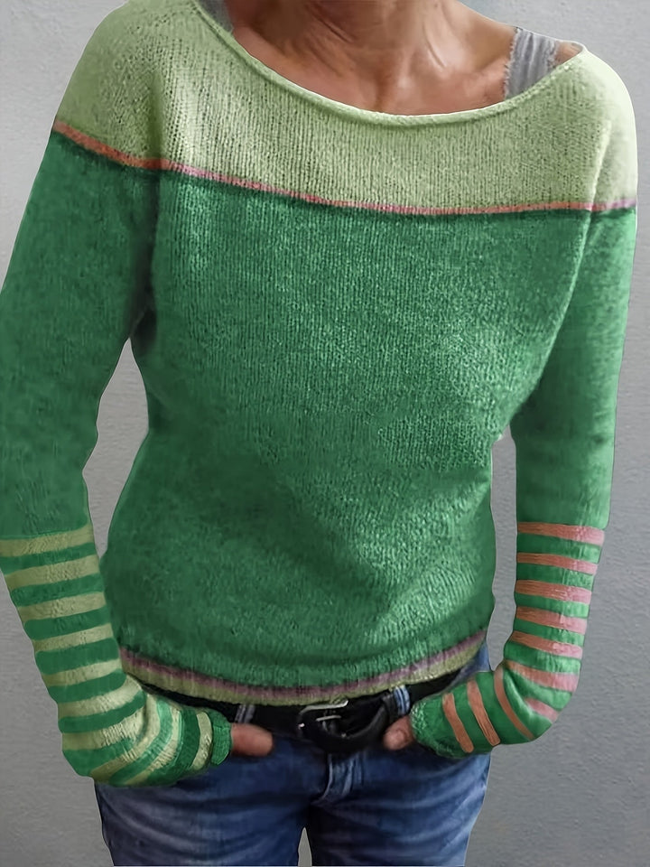 Women's Striped Boat Neck Knit Sweater for Festive Fashion