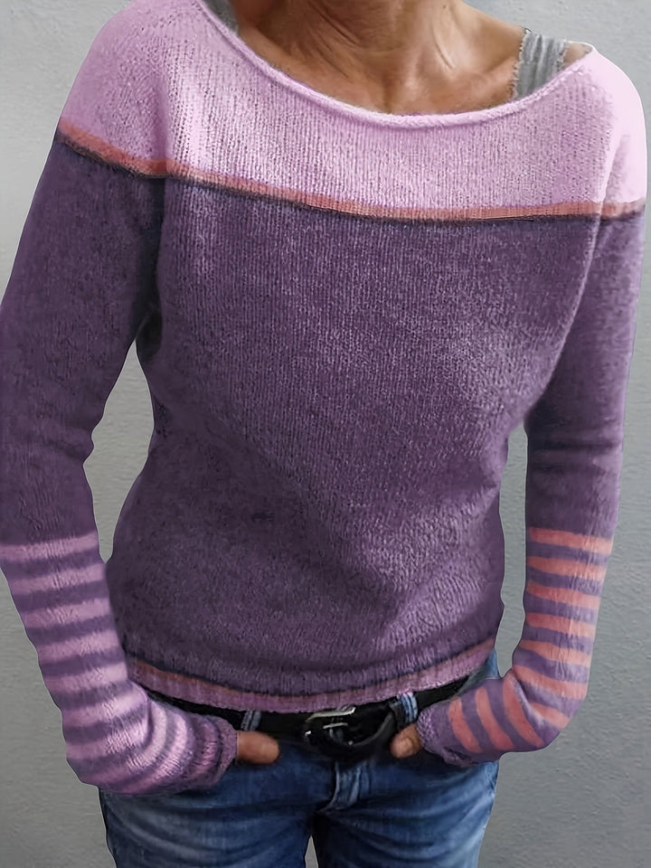 Women's Striped Boat Neck Knit Sweater for Festive Fashion