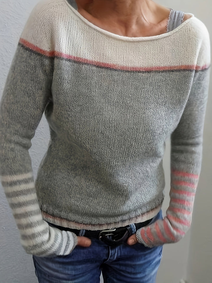 Women's Striped Boat Neck Knit Sweater for Festive Fashion