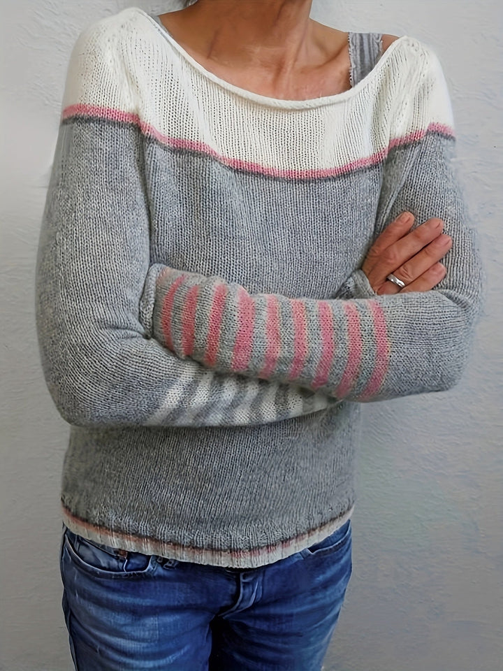 Women's Striped Boat Neck Knit Sweater for Festive Fashion