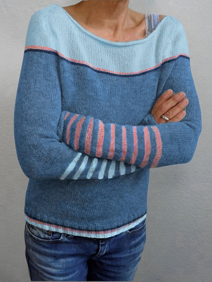 Women's Striped Boat Neck Knit Sweater for Festive Fashion