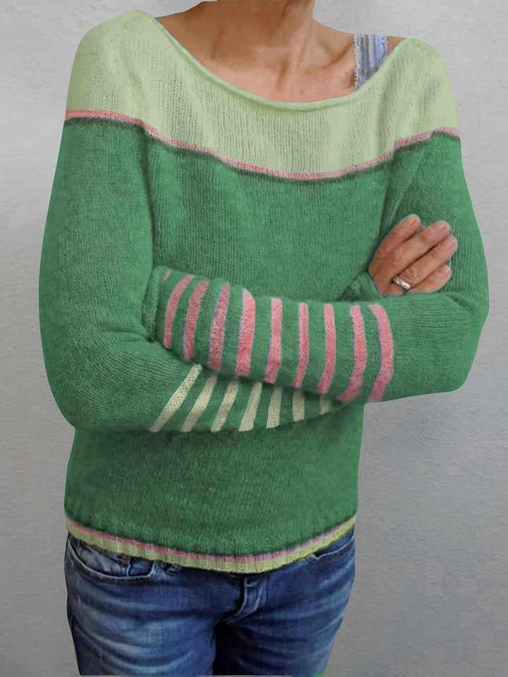Women's Striped Boat Neck Knit Sweater for Festive Fashion