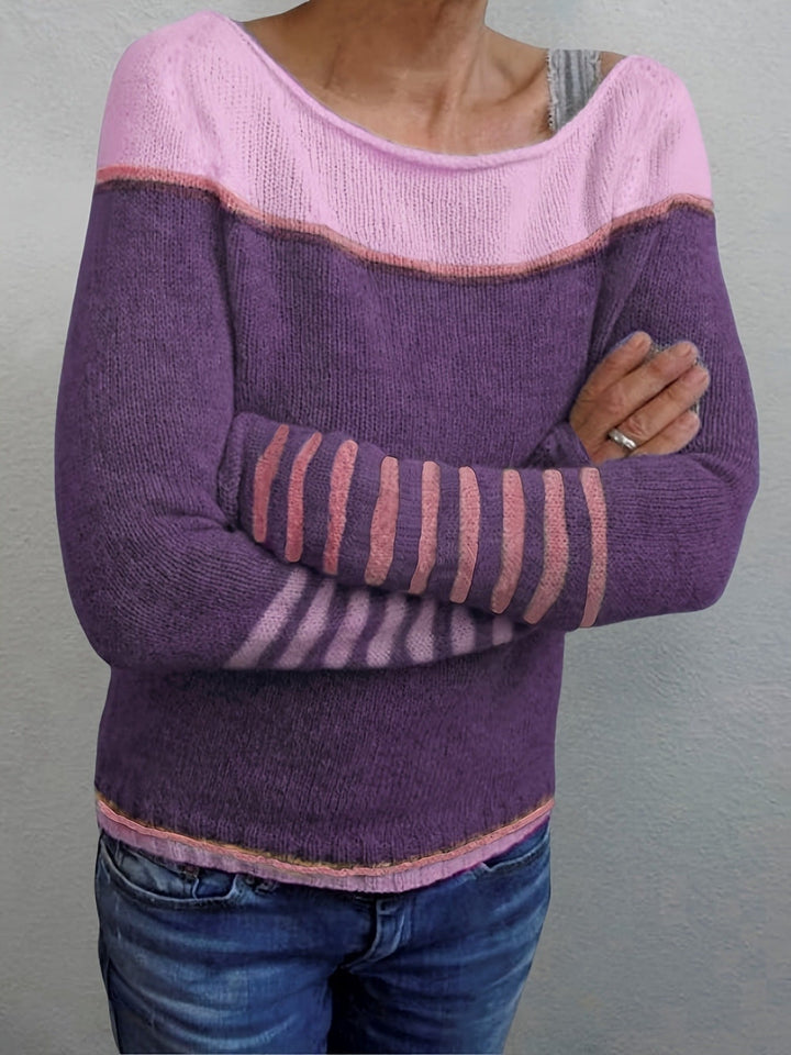 Women's Striped Boat Neck Knit Sweater for Festive Fashion