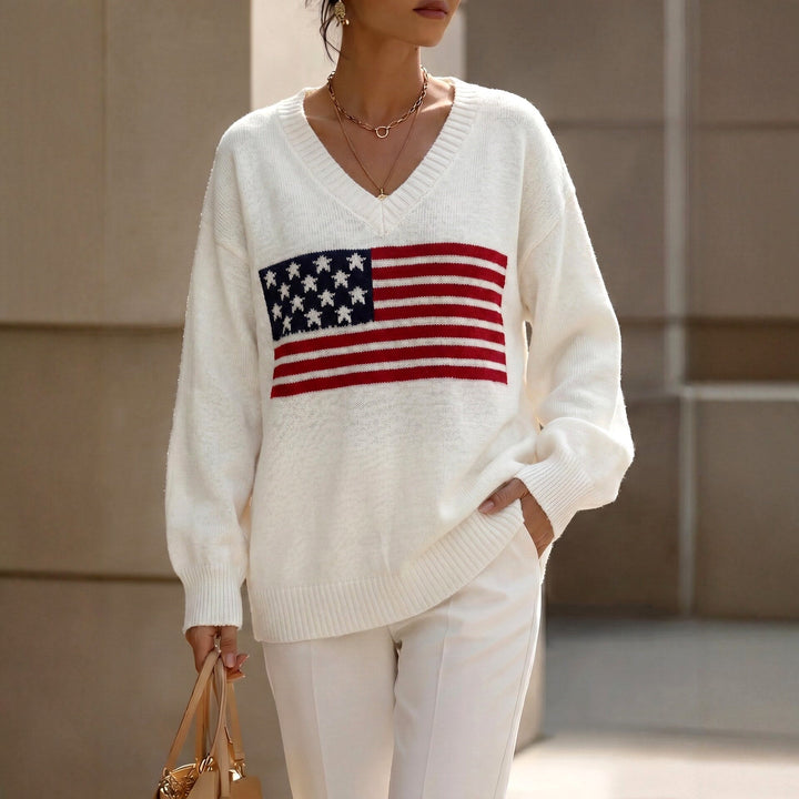 Women's American Flag V-Neck Knit Sweater