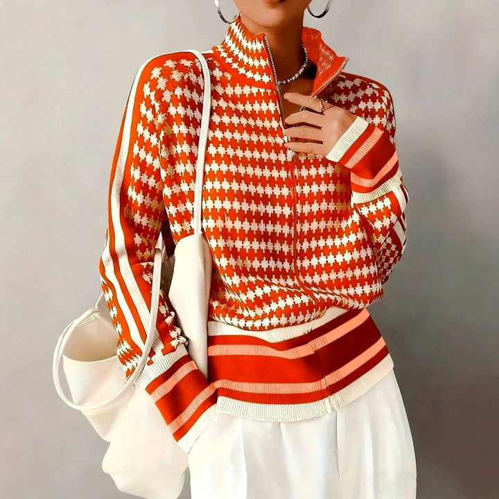 Women's Houndstooth Zip-Up Knit Cardigan