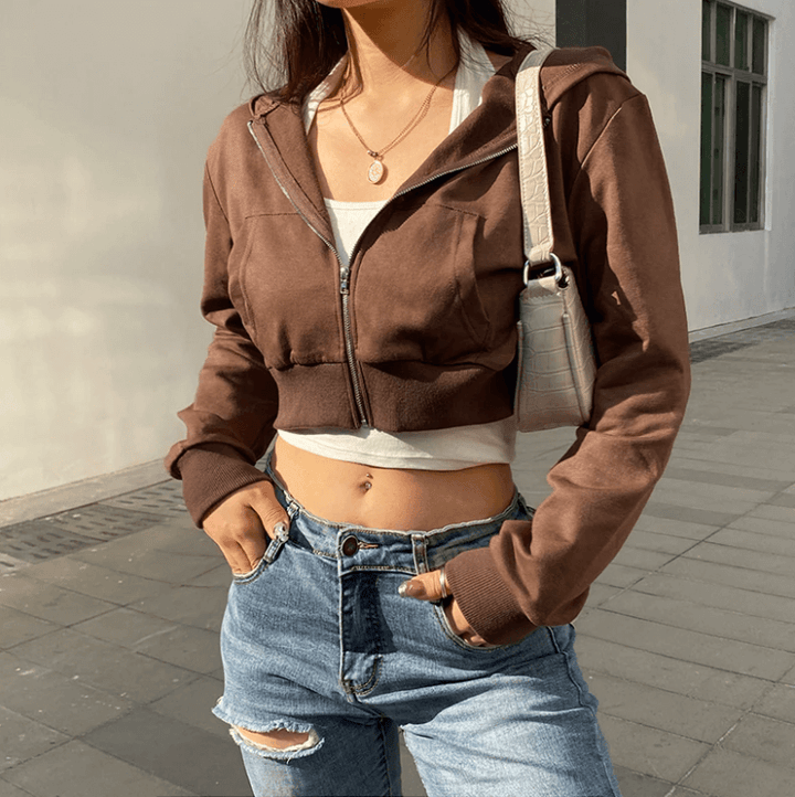 Alina | Women's Trendy Fitted Cropped Zip-Up Hoodie with Hood
