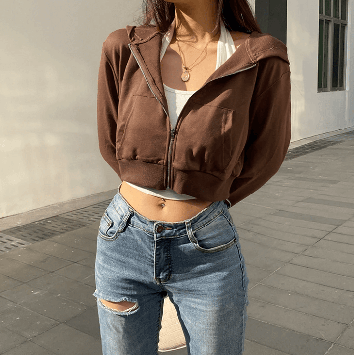 Alina | Women's Trendy Fitted Cropped Zip-Up Hoodie with Hood