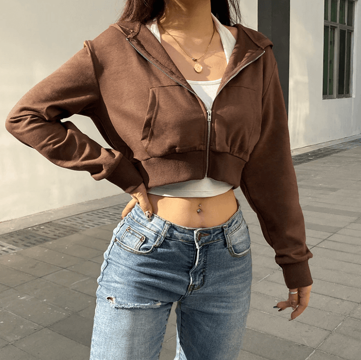 Alina | Women's Trendy Fitted Cropped Zip-Up Hoodie with Hood